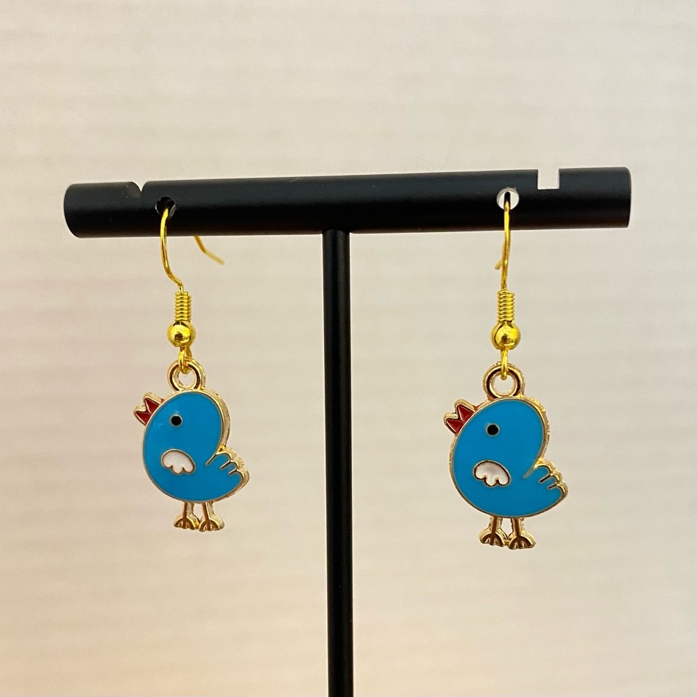 Blue Chick Earrings Gold Tone - Picture 1 of 3